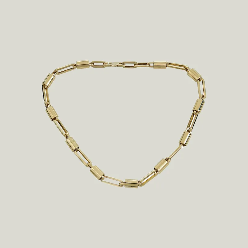 14K Yellow Gold Paper Clip And Barrel Link Necklace - Odeon Collection (Leased)