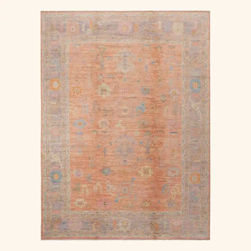 Orange Traditional Turkish Oushak Wool Rug - 9'3" x 11'7"