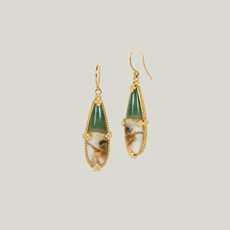 Petrified Wood and Blue Opal 18k One-of-a-Kind Earrings