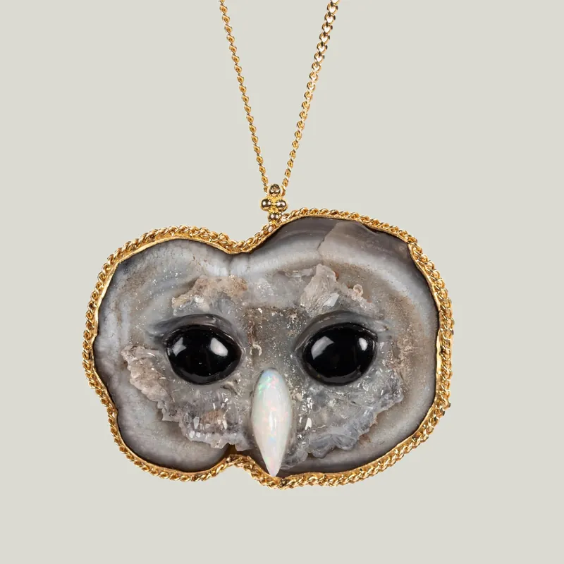 Sand Rose, Onyx Eyes, Opal Beak Owl 18k One-of-a-Kind Necklace