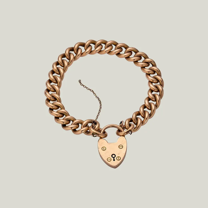 Victorian 15K Rose Gold Curb Link Chain Bracelet with Heart Lock Clasp - Odeon Collection (Leased)