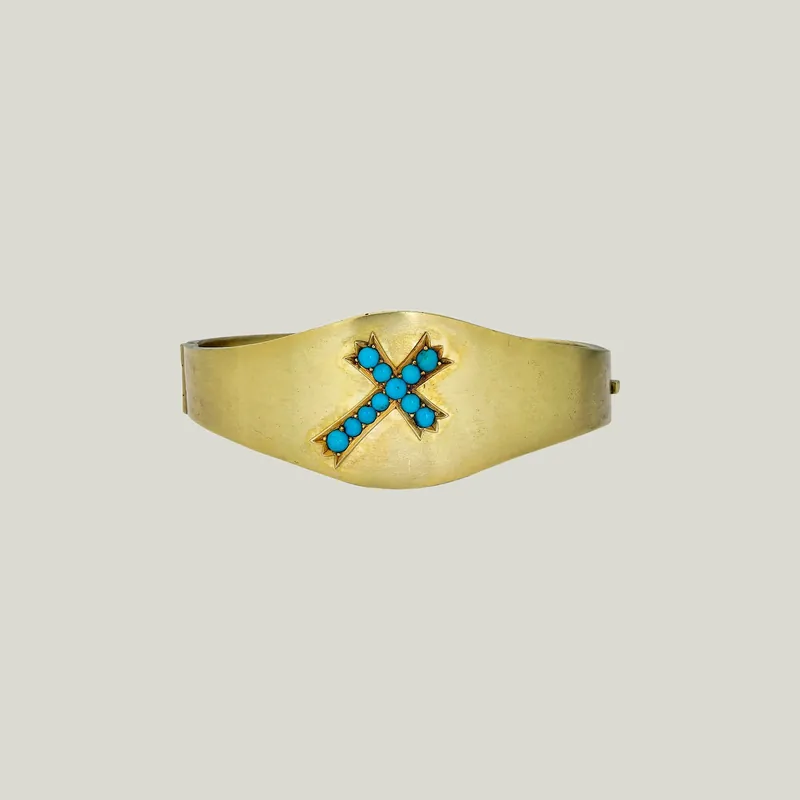 Antique 14K Yellow Gold Hinged Bangle With Turquoise Cross Motif - Odeon Collection (Leased)
