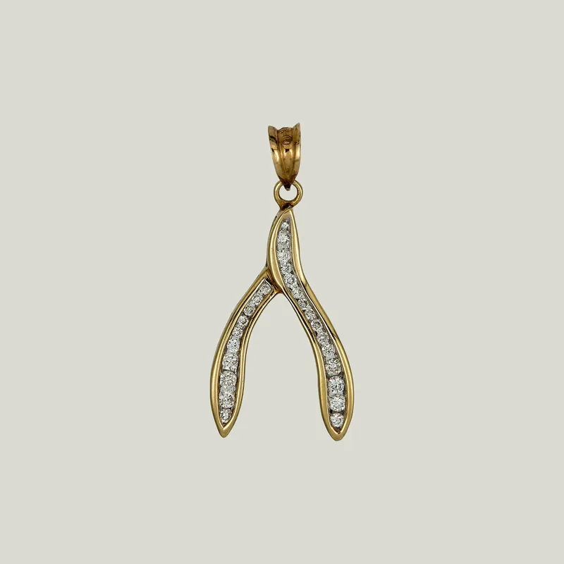 Vintage 14K Yellow Gold Diamond Wishbone Charm - Odeon Collection (Leased)