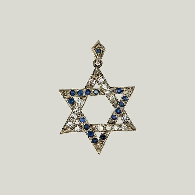 Vintage 18K White Gold Diamond and Sapphire Star of David Pendant - Odeon Collection (Leased)