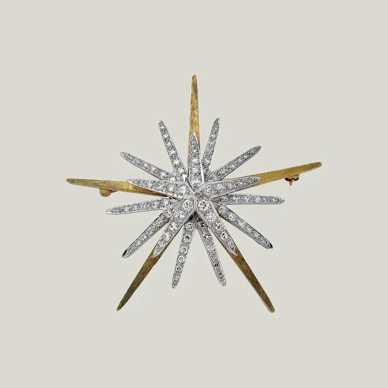 Vintage 18K Yellow Gold and 14K White Gold Sunburst Brooch - Odeon Collection (Leased)