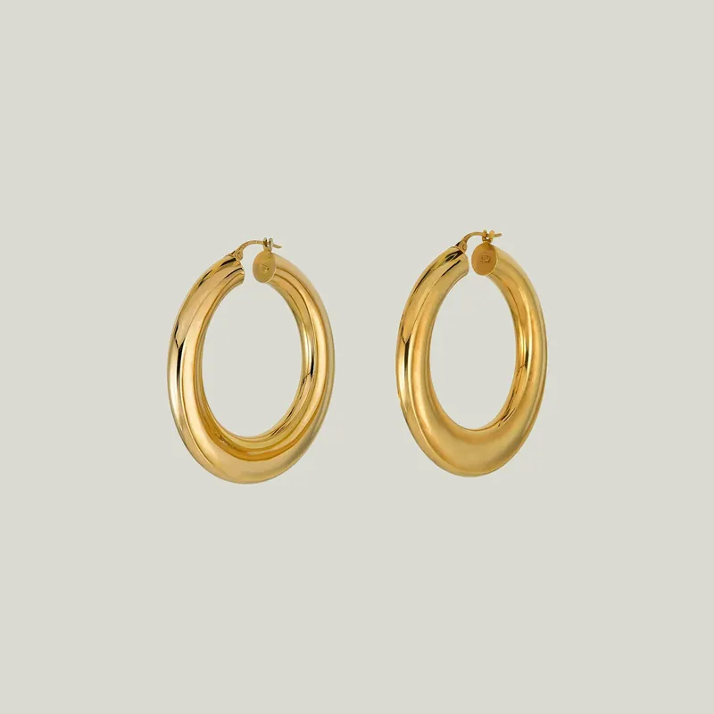 Italian Vintage 14K Yellow Gold Wide Hoop Earrings - Odeon Collection (Leased)