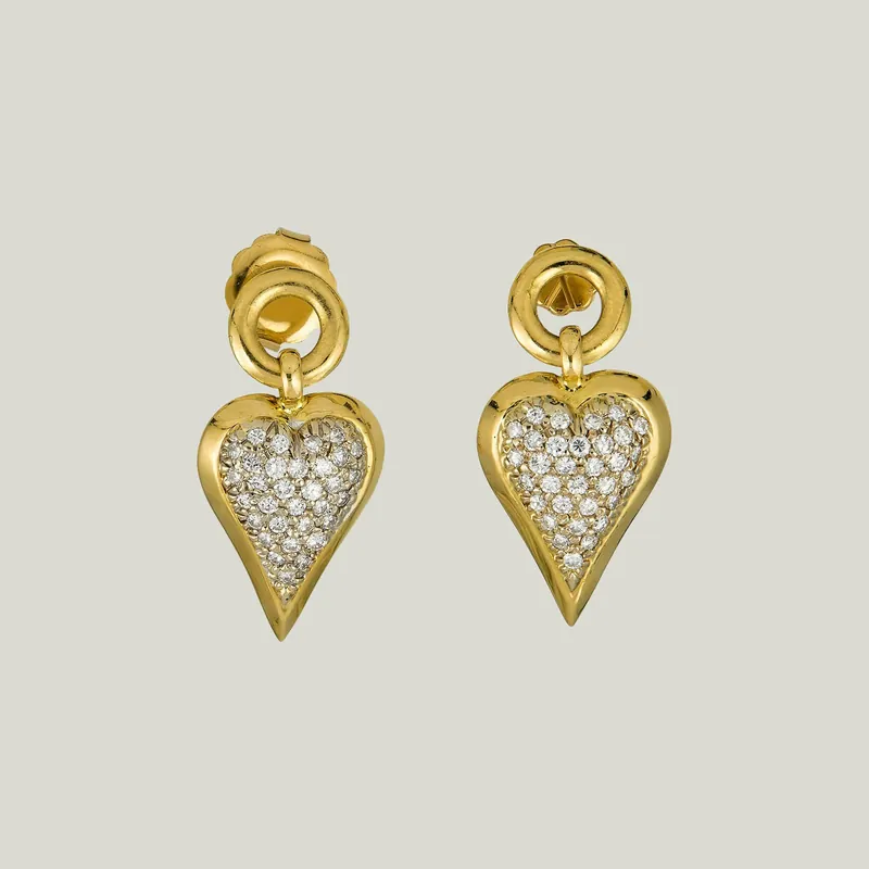 Vintage 18K Yellow and White Gold Diamond Heart Long Earrings - Odeon Collection (Leased)