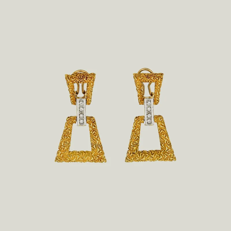 Retro 14K Yellow Gold Diamond Door Knocker Earrings - Odeon Collection (Leased)