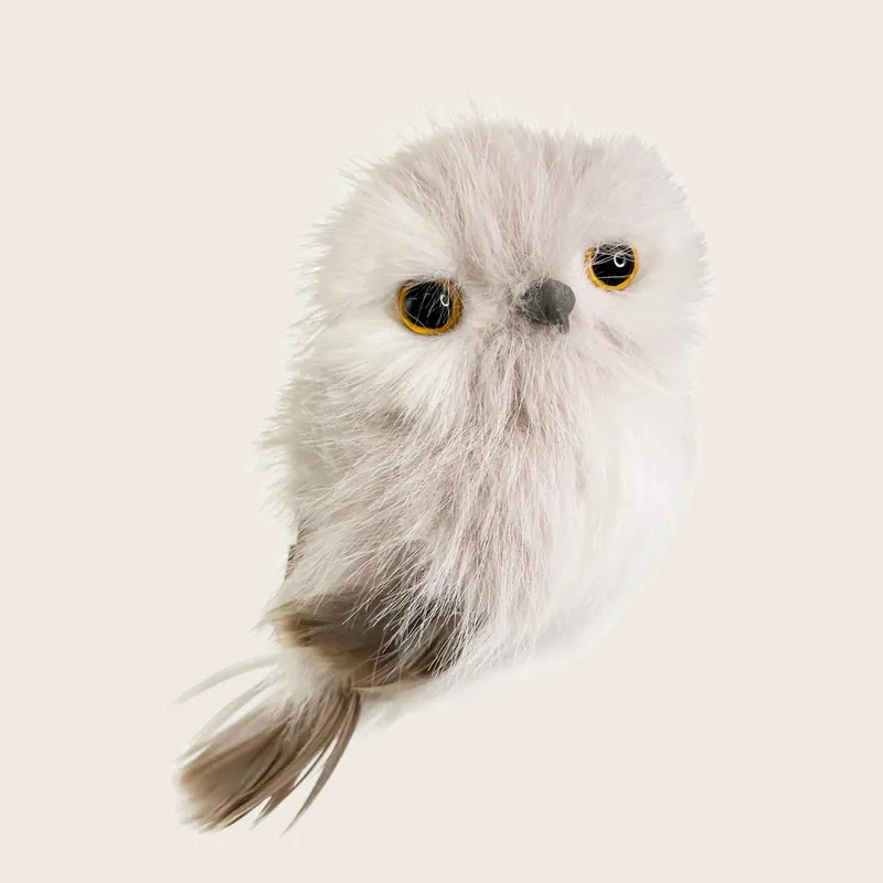 Grey White Furry Owl Ornament - Shishi