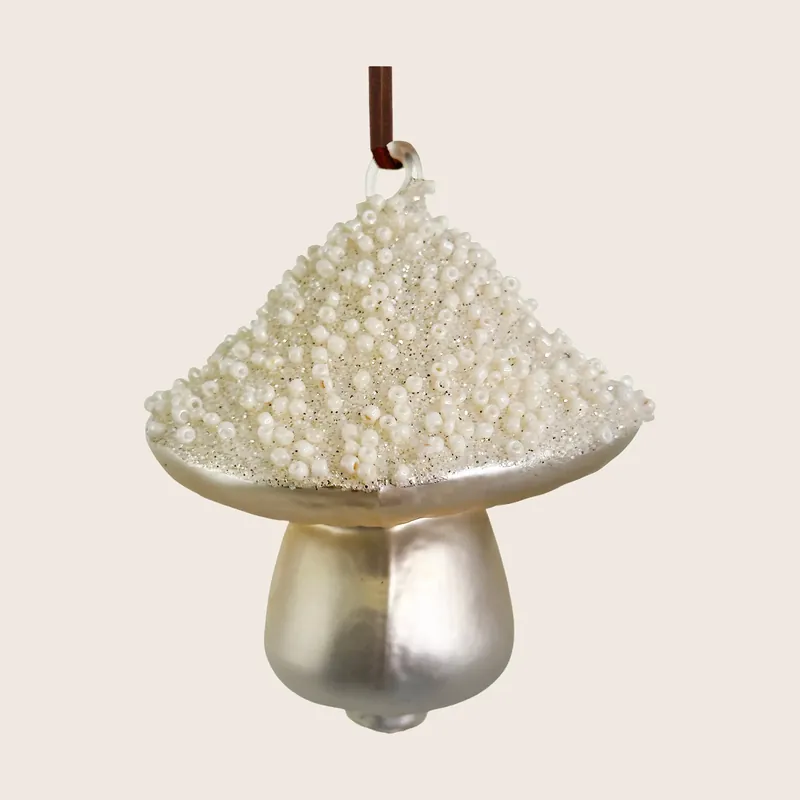White Beaded Glass Mushroom Ornament - Shishi