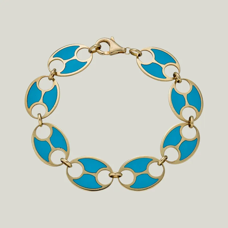 14K Yellow Gold Flat Link Turquoise Bracelet - Odeon Collection (Leased)