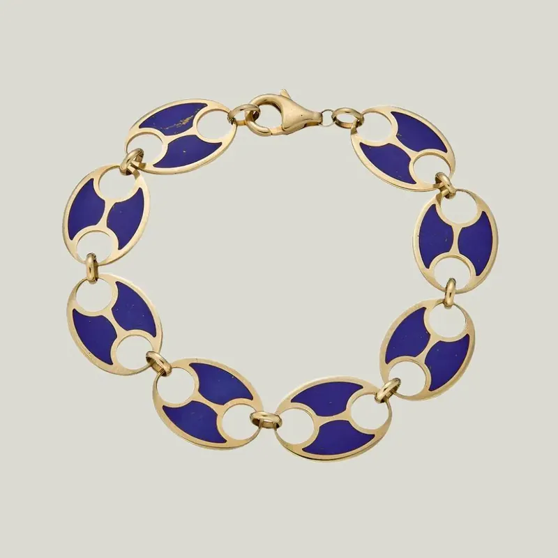 14K Yellow Gold Flat Link Lapis Lazuli Bracelet - Odeon Collection (Leased)