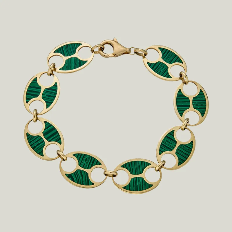 14K Yellow Gold Flat Link Malachite Bracelet - Odeon Collection (Leased)