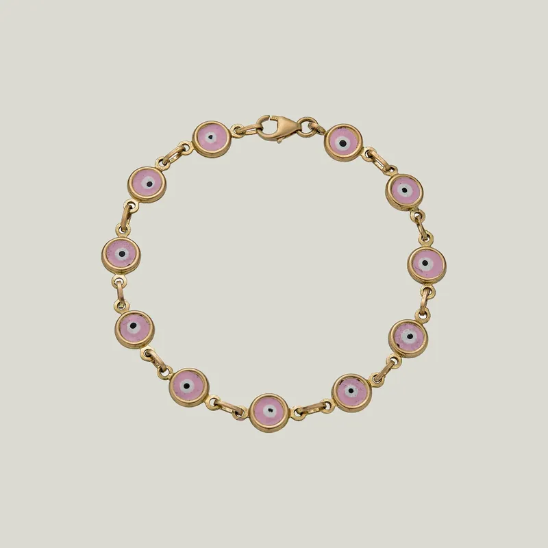 14K Yellow Gold Pink, White, and Black Enamel Evil Eye Bracelet - Odeon Collection (Leased)