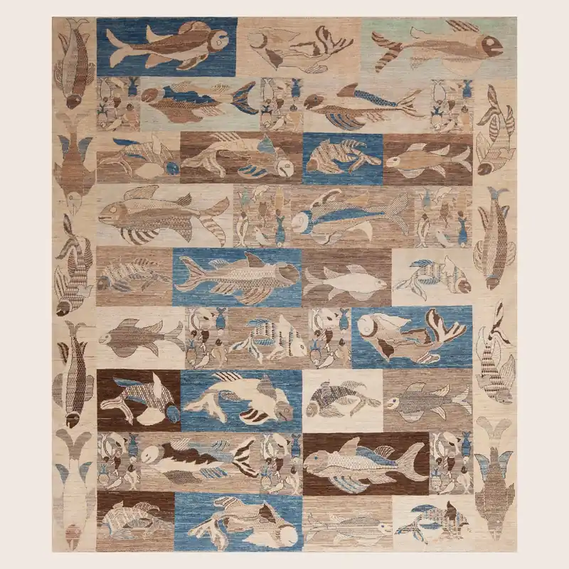 Blue & Brown Zameen Contemporary Wool Rug - 8'4" x 9'8"