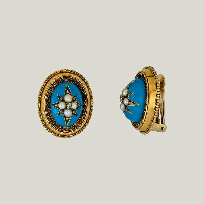 Victorian 18K Yellow Gold Enamel and Natural Pearl Starburst Dome Earrings - Odeon Collection (Leased)