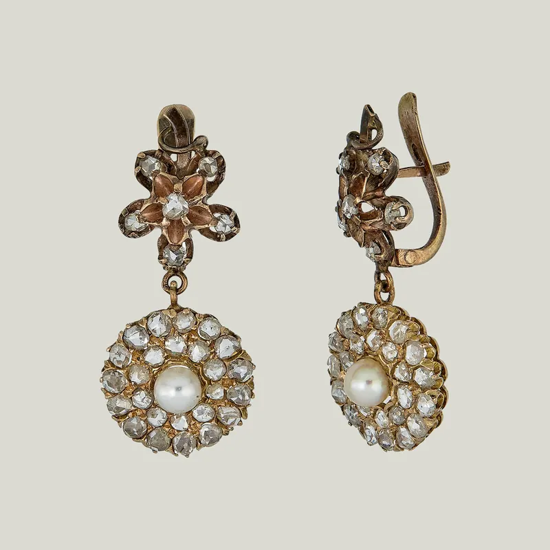 Victorian 14K Yellow Gold Natural Pearl Diamond Dangle Earrings - Odeon Collection (Leased)