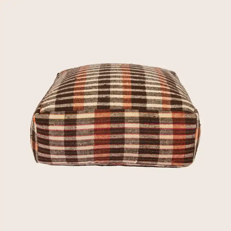 Vintage Plaid Grain Sack Square Pouf, Brown + Orange - Studio Augustin