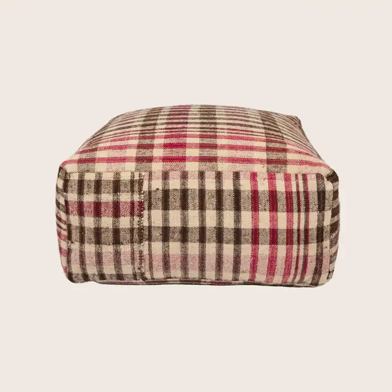 Vintage Plaid Grain Sack Square Pouf, Brown + Red - Studio Augustin