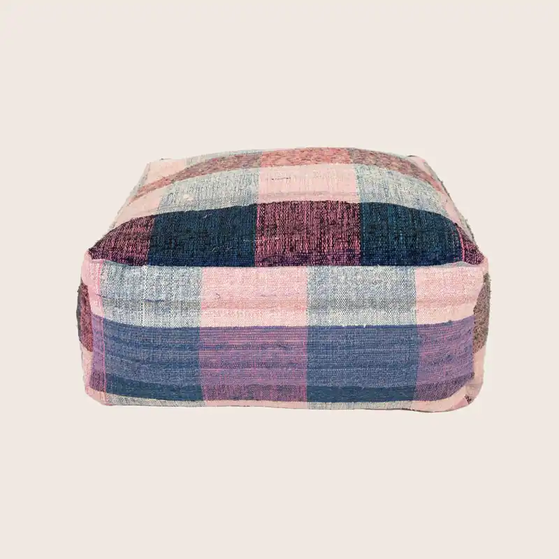 Vintage Plaid Grain Sack Square Pouf, Pink + Blue - Studio Augustin