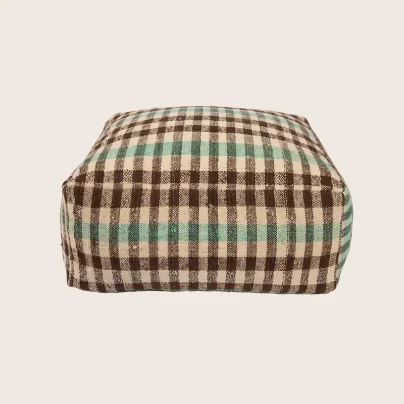 Vintage Plaid Grain Sack Square Pouf, Brown + Aqua - Studio Augustin