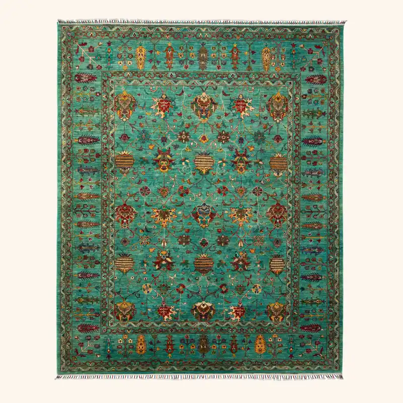 Teal Traditional Tribal Wool Rug - 8'2" x 9'9"