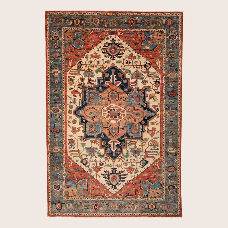 Blue Red Traditional Serapi Wool Rug - 9' x 13'1"