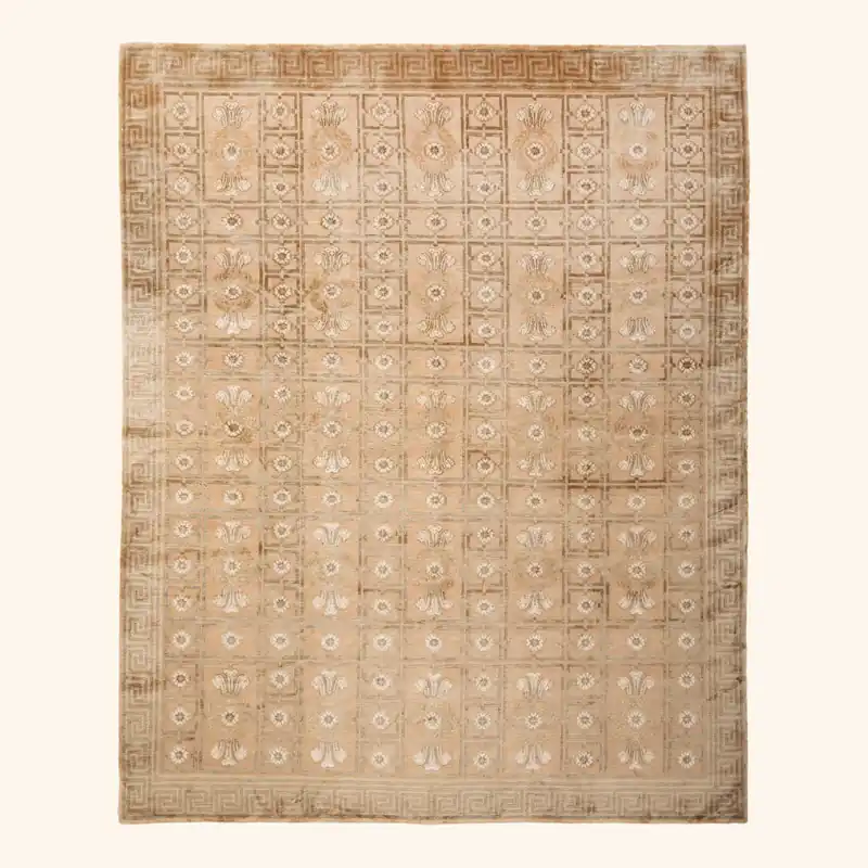 Beige Tibetan Traditional Wool Silk Blend Rug - 8'1" x 9'9"