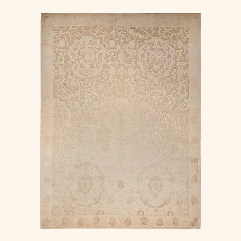 Beige Tibetan Traditional Wool Silk Blend Rug - 8'2" x 10'3"
