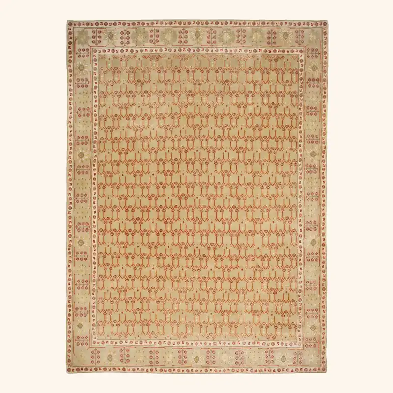 Beige Traditional Tibetan Wool Silk Blend Rug - 9'2" x 12'4"