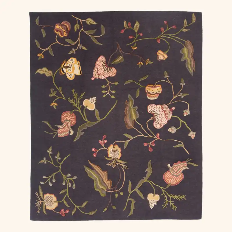 Black Transitional Tibetan Wool Silk Blend Rug - 8' x 9'10"
