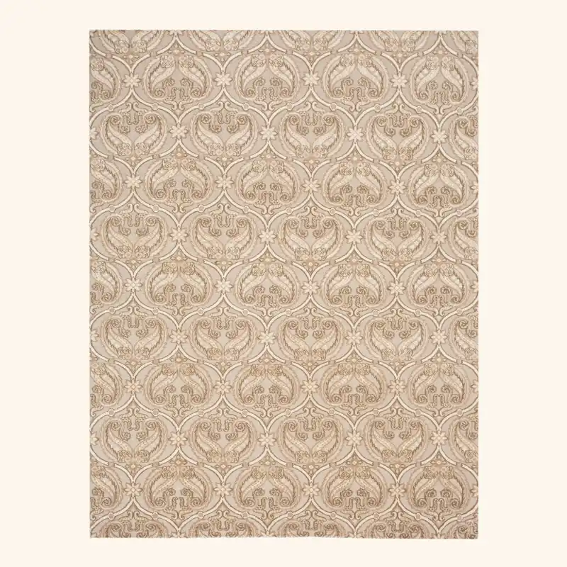 Beige Traditional Tibetan Wool Silk Blend Rug - 9'1" x 12'1"