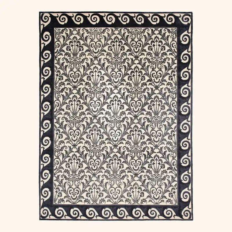 Black Traditional Tibetan Wool Silk Blend Rug - 9'1" x 12'3"