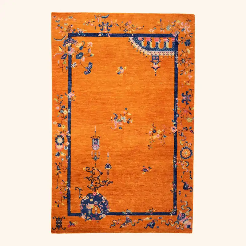 Orange Traditional Chinese Art Deco Wool Rug - Jamal Rug Weavers (Pvt) Limited