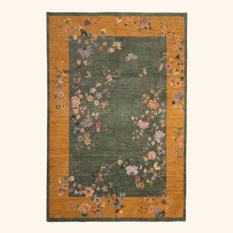 Green Traditional Chinese Art Deco Wool Rug - 6' x 9'