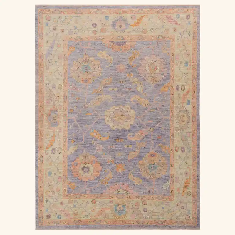 Purple and Cream Oushak Angora Wool Rug - 8' x 9'2"