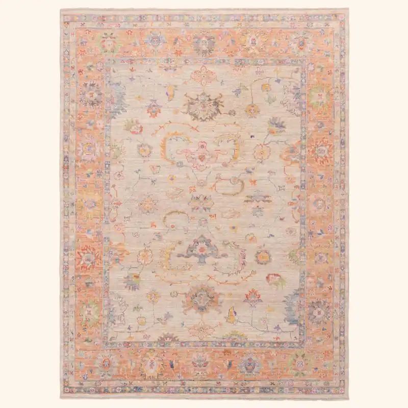 Cream and Orange Oushak Angora Wool Rug - 8' x 10'1"