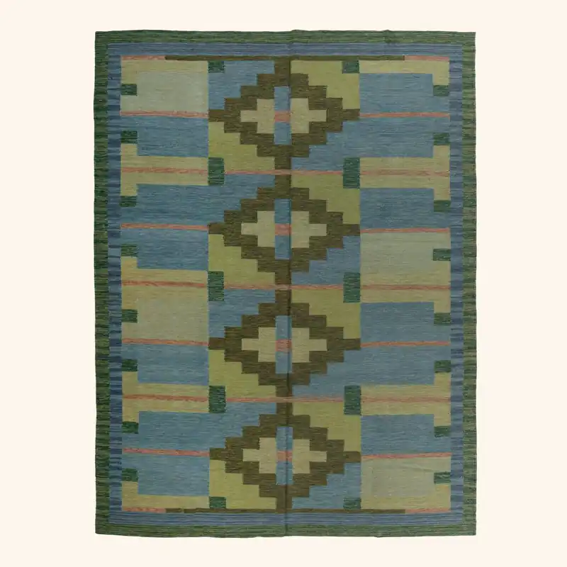 Blue and Green Mid-Century Flatweave Wool Rug - 9' x 12'