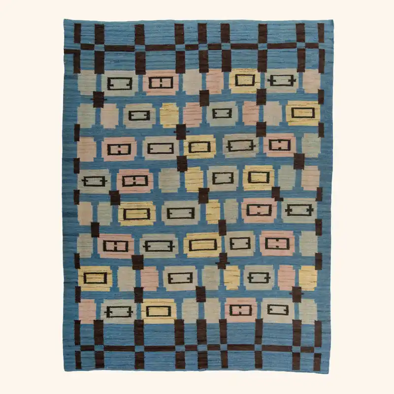 Blue Mid-Century Flatweave Wool Rug - 8' x 10'