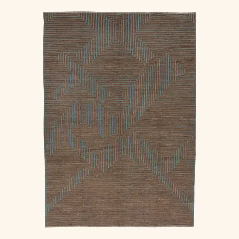Blue & Brown Zameen Geometric Wool Rug - 6'5" x 9'3"