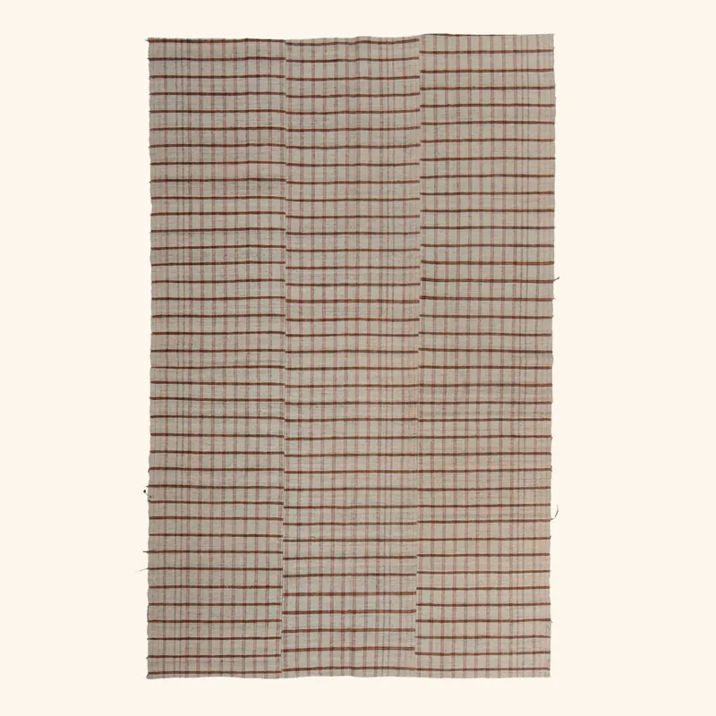 Red & Cream Plaid Flatweave Wool Rug - 5'10" x 9'3"