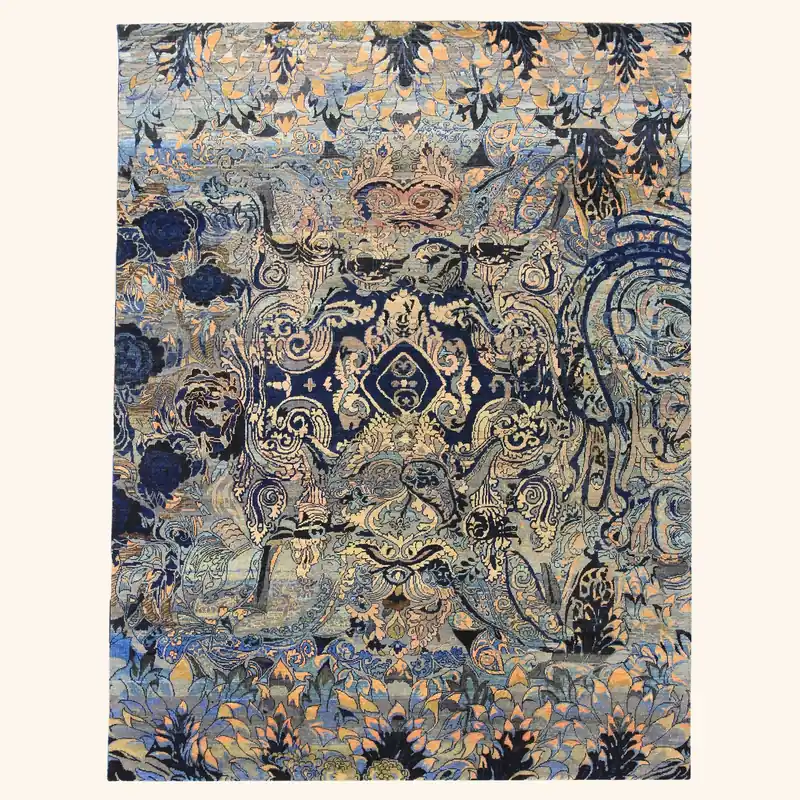 Blue Transitional Silk Wool Blend Rug - 7'9" x 10'1"