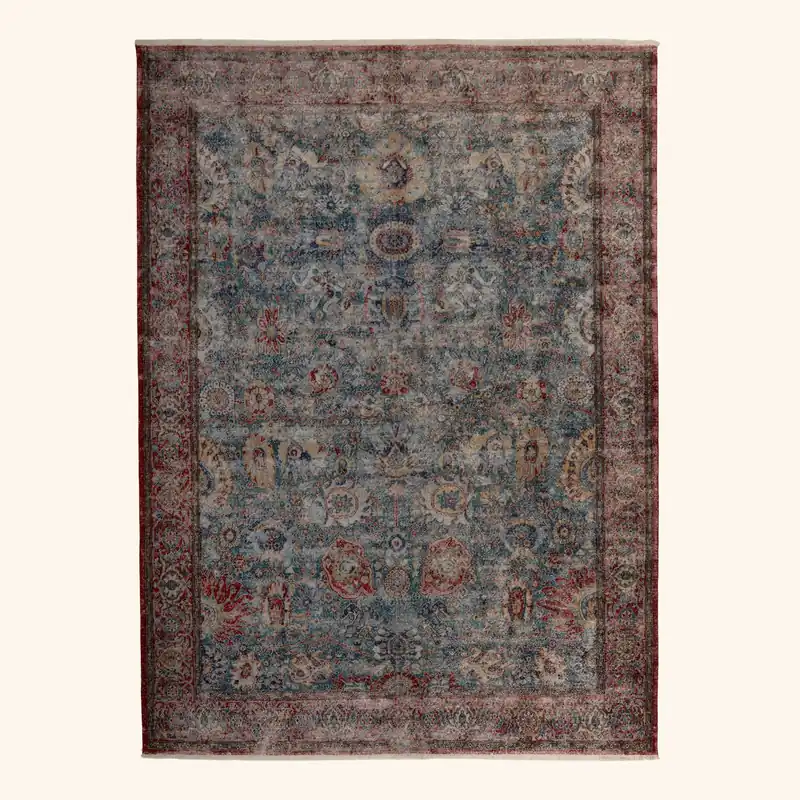 Blue Sabideh and Red Distressed Traditional Wool Rug - 9' x 12'
