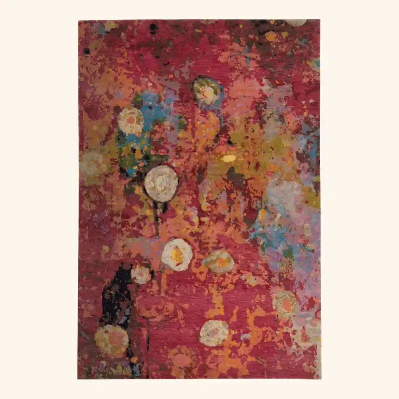 Red Multicolored Aurora Tibetan Modern Wool & Silk Rug - 6' x 9'