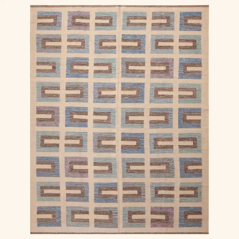 Blue and Natural Swedish Style Wool Kilim Rug - 8' x 10'3"