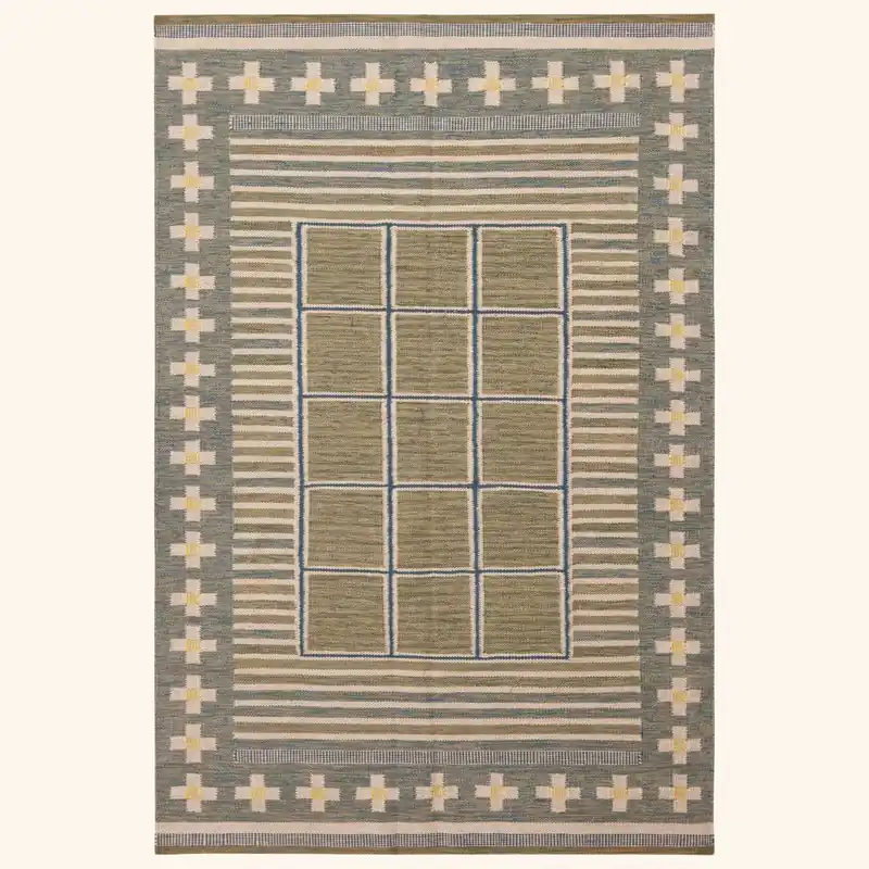 Blue Geometric Swedish Wool Kilim Rug - 6' x 9'