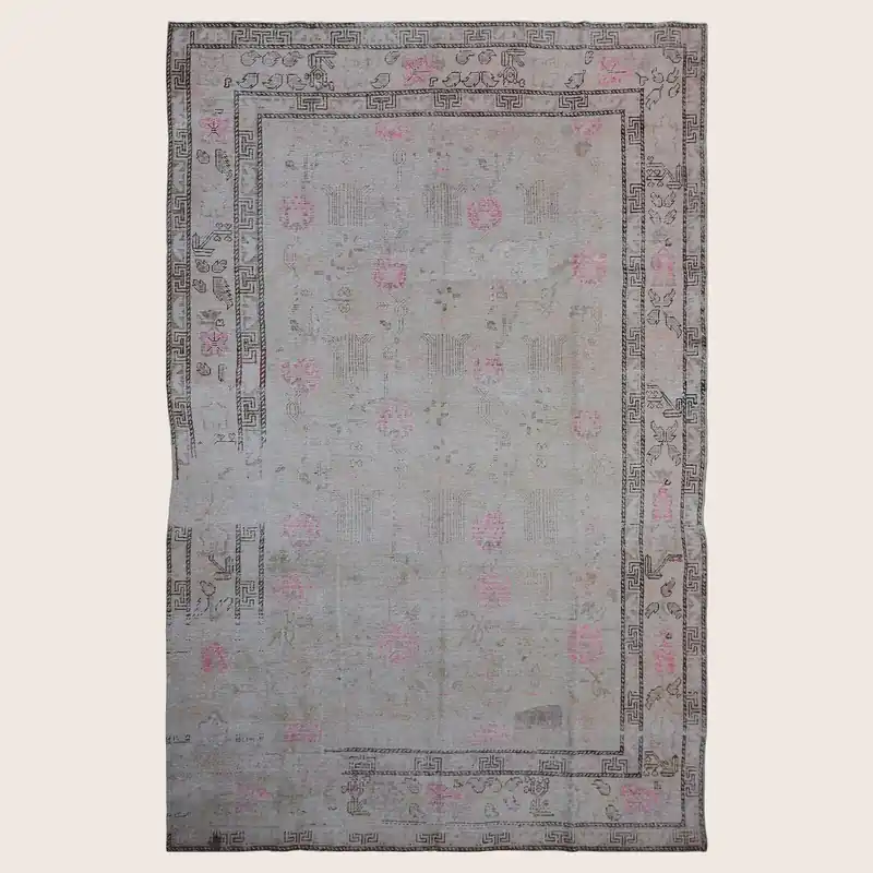 Grey & Pink Vintage Wool Cotton Blend Rug - 6'1" x 9'10"