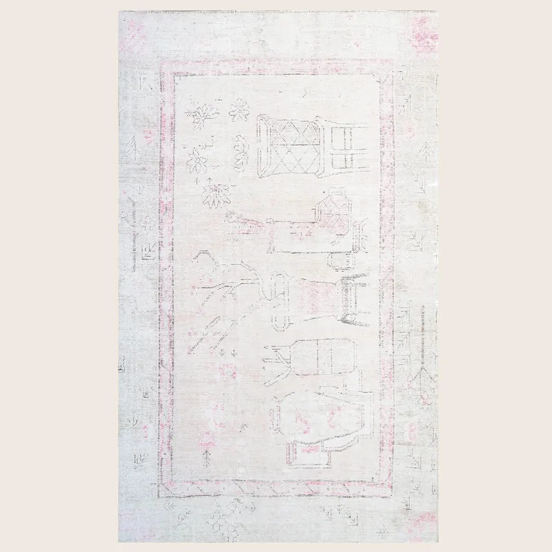 White & Pink Vintage Wool Cotton Blend Rug - 5'1" x 8'1"