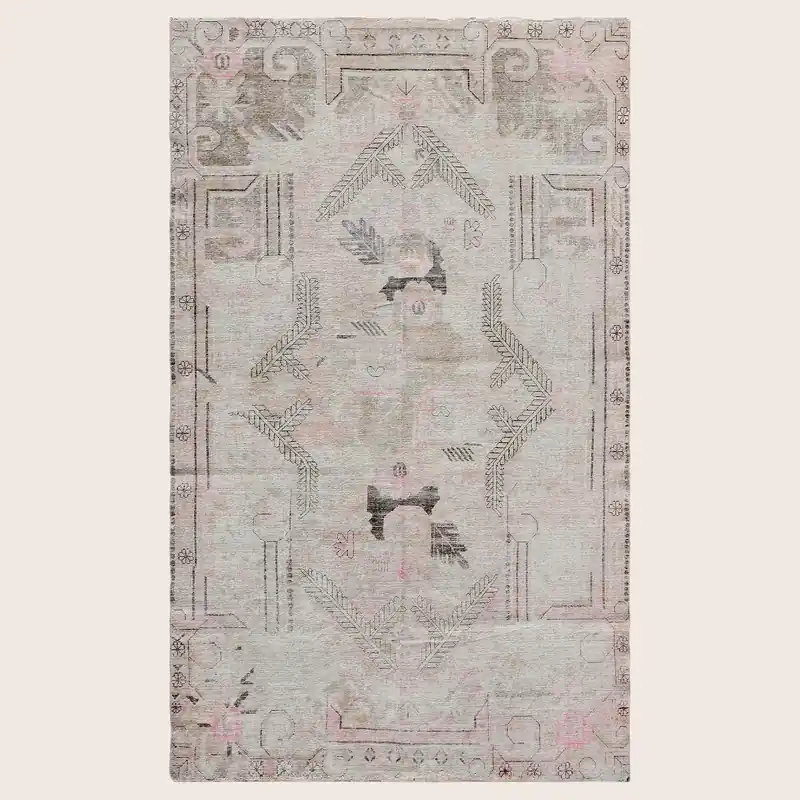 Beige & Pink Vintage Wool Cotton Blend Rug - 5'5" x 9'1"