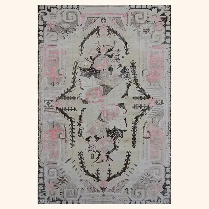 Grey & Pink Vintage Wool Cotton Blend Rug - 5'7" x 8'8"